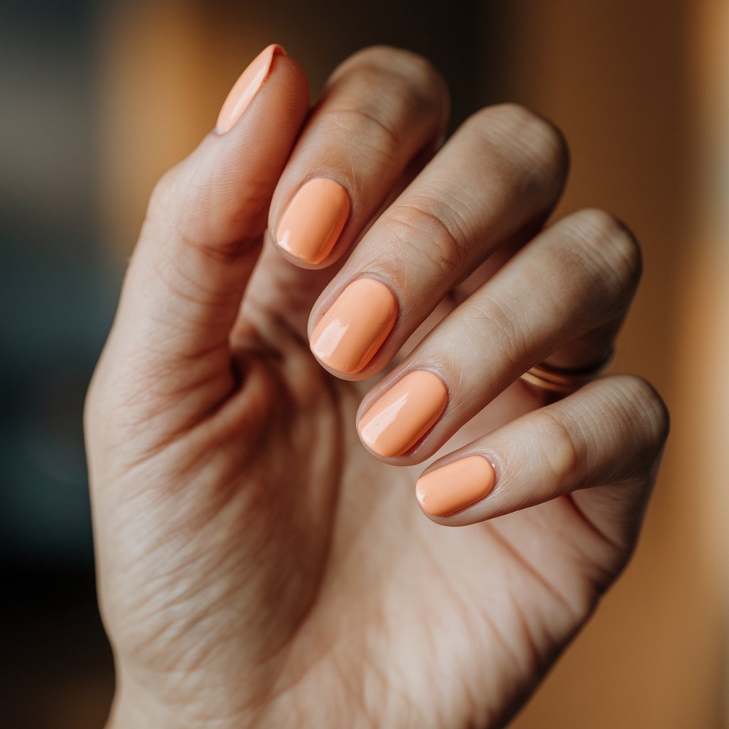 A close-up shot of a woman's hand with well-moisturized skin and five delicate pastel orange nails. The nails are short and rounded, with a smooth, creamy finish. The hand is slightly curved, showing off the flawless polish application and well-groomed cuticles. The background is blurred and consists of warm, neutral tones.