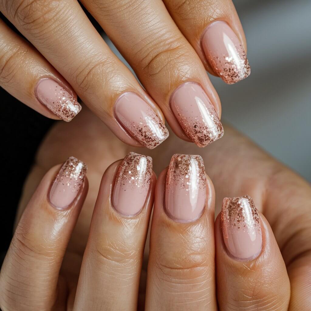 A close-up of a well-moisturized woman's hand highlights five fingers featuring pink champagne glitter birthday nails. The nails have a soft pink base infused with fine rose gold shimmer, creating a bubbly, effervescent effect. The glitter is concentrated towards the tips, giving a subtle ombré look that sparkles under the light. The fingers are elegantly arranged to showcase the gradient effect, with a glossy top coat adding a glass-like shine. Natural background lighting enhances the shimmer, reflecting off the fine glitter particles. The nails exude sophistication, making them perfect for a special birthday celebration.