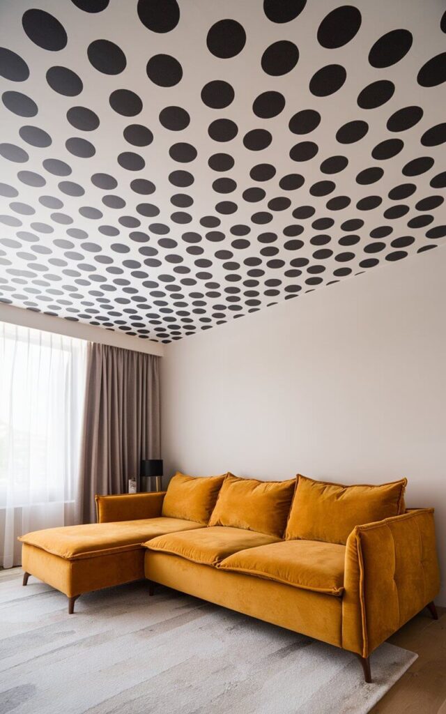 A close-up view of a ceiling wallpaper with playful polka dots in contrasting black and white. Below, a very cozy sofa in mustard yellow pops against the living room, creating a fun and lively atmosphere.