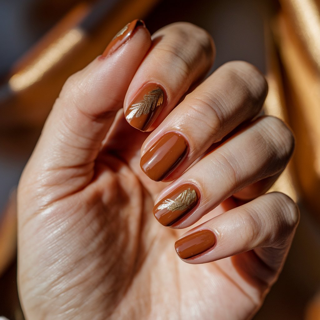 A close-up shot of a woman's hand with well-moisturized skin. She has five fingers with rich, pumpkin spice-colored nails. The deep, warm orange shade exudes an autumnal charm. The nails are medium-length, have gold leaf accents, and are rounded. The fingers are slightly curled. The background is softly blurred and has warm, golden hues. The lighting is natural and casts a soft glow, making the nail shade appear even richer.