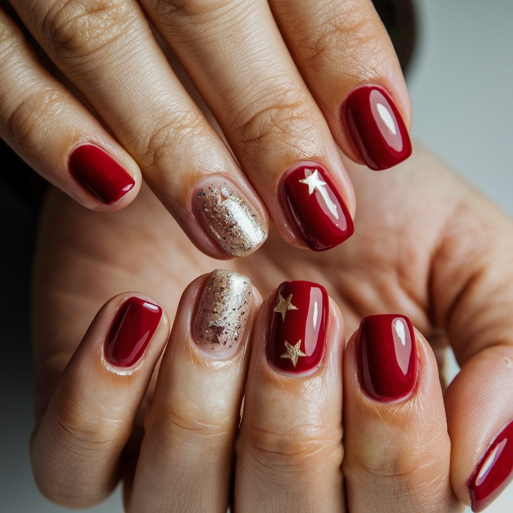 A close-up of a well-moisturized woman's hand showcasing five fingers with classic red birthday nails. The deep, glossy red polish is intensified by subtle golden star accents on select nails, adding a touch of sophistication. Some nails feature delicate micro-glitter for an extra celebratory sparkle. The fingers are slightly curled, allowing the vibrant red to take center stage. Natural background lighting highlights the rich color and the shimmering details. A high-gloss top coat completes the look, ensuring these timeless yet bold birthday nails remain chic and eye-catching.