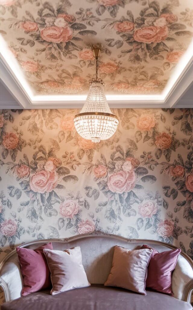 A photo of a vintage floral patterned wallpaper with a delicate rose print in soft blush pink and ivory. The wallpaper is on a ceiling. Below the ceiling, there is a cozy sofa in a muted pastel hue and velvet throw pillows. A crystal chandelier is hanging above the sofa, casting a soft shimmer. The illumination highlights the floral details and creates a serene, elegant retreat.