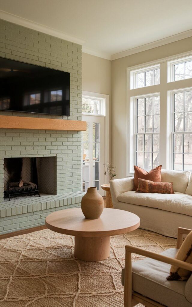 A serene living room with a sage green brick fireplace. The fireplace has a white oak mantel with a large black television on top. The room has a cozy sofa upholstered in warm ivory linen with earthy-toned throw pillows. There's a round wooden coffee table with a large vase on a handwoven area rug. The room has a neutral decor and is filled with natural light through large windows.