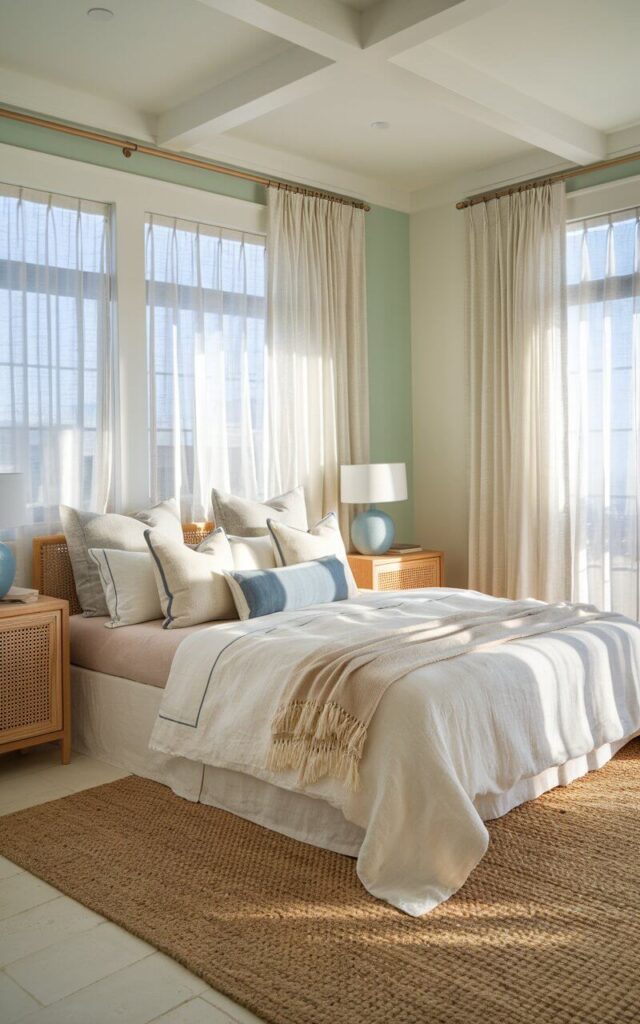 A coastal bedroom with a beautifully designed interior. The room is bathed in soft, airy hues of ocean blue, sandy beige, and crisp white. There's a cozy bed dressed in lightweight linen bedding in shades of ivory and pale blue, with plush throw pillows adding an inviting touch. Large windows with sheer white curtains allow natural sunlight to stream in, creating a bright, tranquil atmosphere. A textured jute rug lies beneath the bed, complementing the subtle coastal tones. Both night stands hold a plain blue vase lighting. The walls are painted in a soothing seafoam green, reminiscent of gentle waves, while natural wood nightstands and woven rattan accents enhance the breezy, beachy feel.