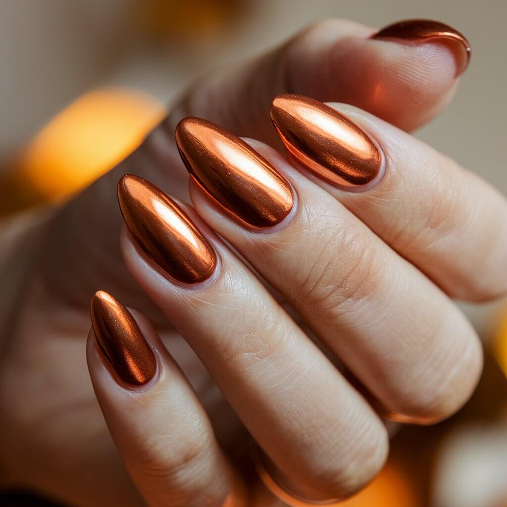 A close-up shot of a well-moisturized woman's hand with a rich metallic copper-orange manicure. The nails are almond-shaped and coated in a reflective, shimmering polish that shifts between deep orange and warm copper, depending on the angle. The natural background lighting enhances the luminous finish, creating a molten metal effect. The fingers are elegantly curved, drawing attention to the smooth and even polish application. A softly blurred background with warm, golden hues subtly complements the luxurious, autumn-inspired manicure.