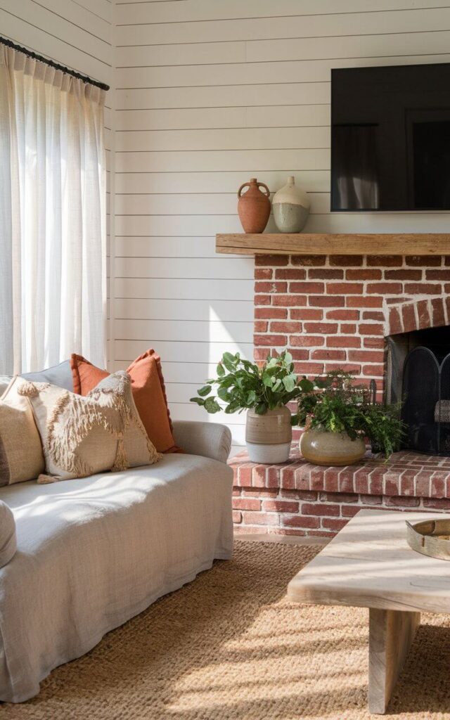 A cozy living room with a charming brick fireplace framed by crisp white shiplap walls. The natural red brick contrasts beautifully against the smooth wooden paneling, while a reclaimed wood mantel holds an assortment of three ceramic vases and potted greenery. Above the mantel, an oversized television is mounted. A very cozy sofa faces the fireplace, covered in soft linen fabric with decorative pillows in earthy tones. A woven jute rug lies beneath a rustic coffee table, completing the warm and inviting setting. Sunlight filters through sheer curtains, casting a serene glow over the beautifully layered textures in the room.