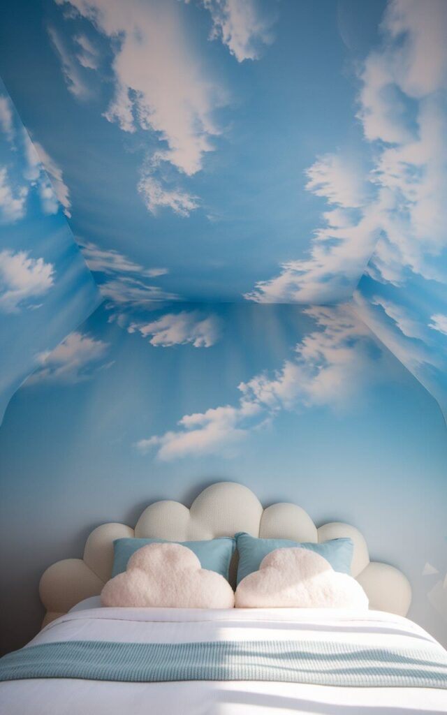 A photo of a ceiling with wallpaper designed to mimic a clear blue sky with soft, fluffy white clouds. The realistic gradient of blue hues gives the illusion of an open, airy space. Below, a very cozy bed headboard with cloud-like pillows and a light blue throw blanket enhances the serene atmosphere. Natural light floods the room, reinforcing the peaceful, dreamy ambiance of this sky-themed retreat.