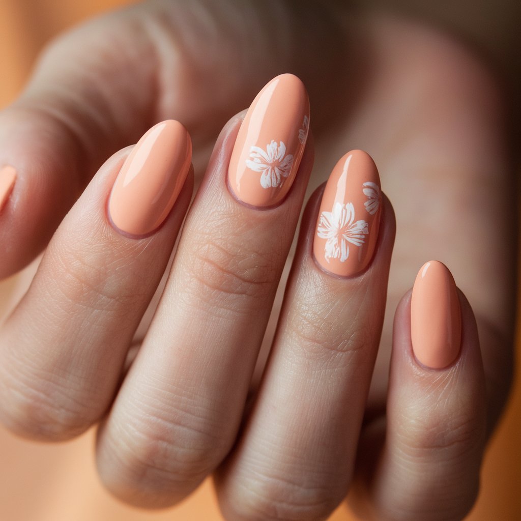 A close-up of a well-moisturized woman's hand displays five fingers adorned with soft peach-orange nails, creating a delicate and feminine look. The nails are medium-length and almond-shaped, with a smooth, glossy finish that catches the natural background lighting. The subtle peach undertone gives the orange hue a refined, understated elegance. Floral paint designs are added to the nails. The fingers are gently curved, emphasizing the soft glow of the polish. A blurred, warm-toned background enhances the serene and graceful feel of the manicure, making it a perfect choice for an effortlessly chic style.