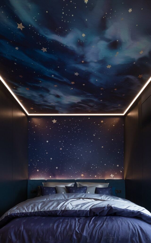 A photo of a bedroom with a ceiling wallpaper designed to resemble a starry night sky. The wallpaper has deep indigo hues and shimmering gold and silver stars scattered across the surface. There are wispy cloud-like patterns in the sky. Below the ceiling, there is a large, cozy bed with layered, soft bedding in midnight blue and silver tones. The bedding matches the celestial theme of the ceiling. There is a gentle glow from hidden LED lights, creating the illusion of twinkling stars. The walls are matte black.