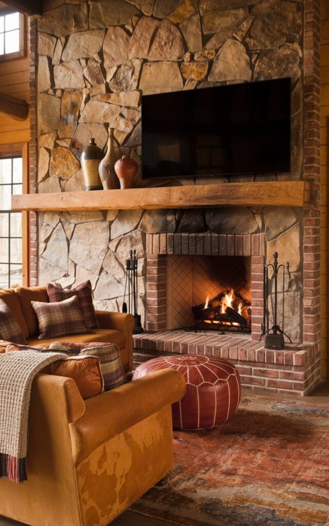 A cozy cabin-inspired room with a rustic brick fireplace. The fireplace has a stone veneer overlay with irregularly shaped fieldstone in warm, earthy tones. It features a sturdy wooden mantel holding an oversized black television and three ceramic vases. The room contains a soft suede sofa in a warm caramel hue, layered with knitted throws and plaid accent pillows. There is a worn leather ottoman sitting atop a distressed wool rug. The room has a crackling fire in the fireplace.