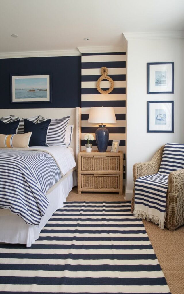 A photo of a coastal bedroom with a bright and cheerful nautical theme. The room features classic navy and white stripes on the walls, bedding, area rug, and decor. There's a cozy bed with striped cotton bedding and solid navy and beige throw pillows. The room also has a striped area rug, a navy accent wall behind the bed, two nightstands with a plain blue vase and a light, a woven wicker chair with a striped throw blanket, and natural wood nightstands. There's also rope-accented decor and framed coastal prints on the walls.