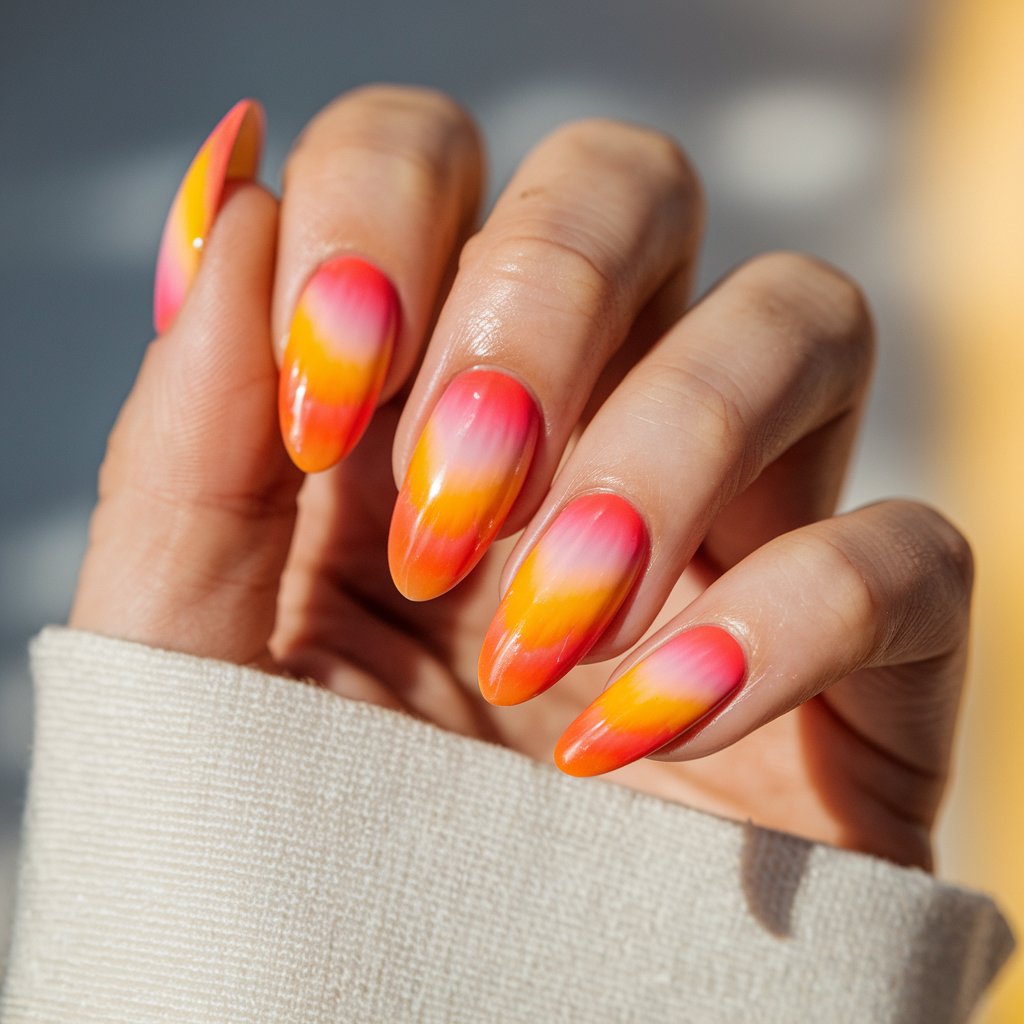 A close-up of a well-moisturized woman's hand with five fingers adorned with a breathtaking sunset-inspired gradient. The nails feature a smooth blend of orange, pink, and yellow, mimicking a stunning evening sky. The almond-shaped nails have a high-gloss finish that reflects the natural background lighting, enhancing the seamless transition of colors. The fingers are gently fanned out, showcasing the meticulous blending and vibrant hues. A softly blurred outdoor background creates a dreamy, sunlit effect, complementing the warm sunset tones.