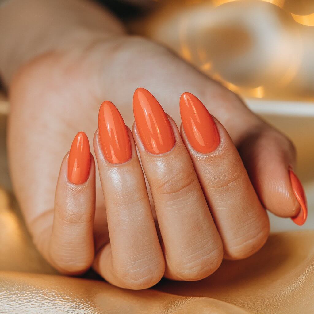 A close-up shot of a woman's hand with five fingers painted in a vibrant tangerine orange nail polish. The nails are almond-shaped, elongating the fingers. The hand is placed in a relaxed pose, highlighting the manicure's precision. The background is softly blurred, with a warm, golden hue that enhances the nail polish's radiance.