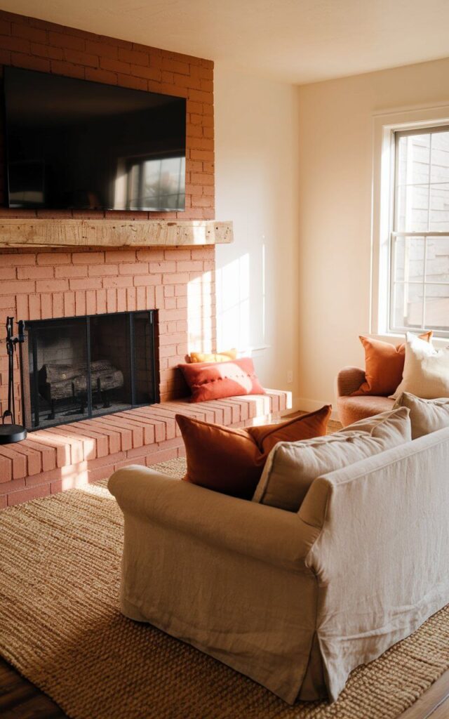 A cozy living room with a warm terracotta-painted brick fireplace as the focal point. The fireplace has a reclaimed wood mantel above it, which holds an oversized black television. A deep-cushioned sofa in a soft linen fabric faces the fireplace, adorned with burnt-orange and cream throw pillows. A natural fiber rug grounds the space. Sunlight streams in through a window, casting a golden glow over the warm-toned décor.