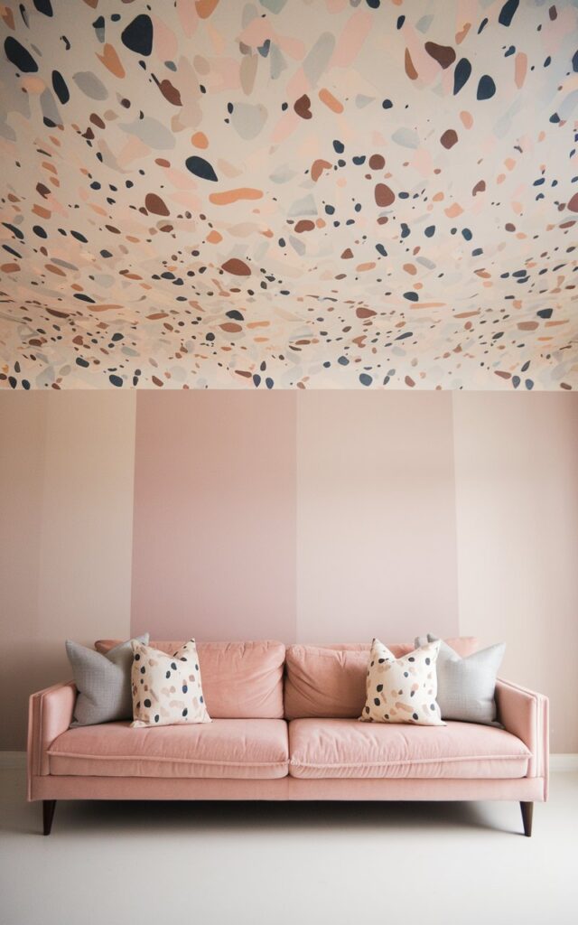 A photo of a living room ceiling wallpaper with a playful terrazzo pattern. The wallpaper features multicolored flecks in soft pastels and earth tones. Below the ceiling, a very cozy sofa in blush pink sits against minimalist decor. The decor is accentuated by terrazzo-inspired accent pillows and sleek, modern furnishings.