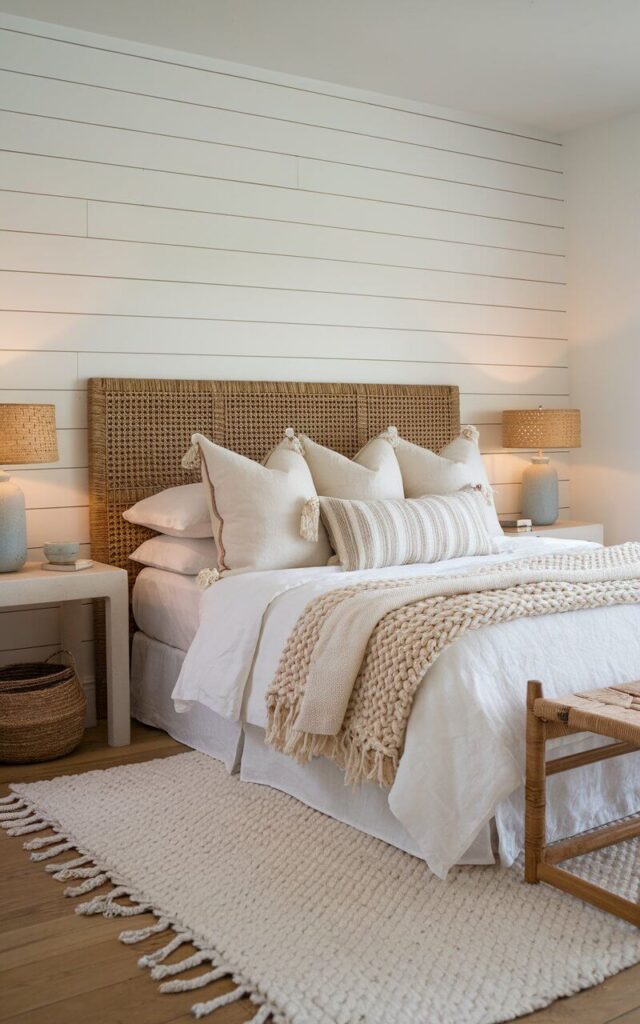 A sophisticated coastal bedroom with a layered texture approach. The focal point is a cozy bed with a woven rattan headboard, adorned with crisp white linen bedding, chunky knit throws, and an assortment of textured pillows in cotton, linen, and jute. A soft wool rug lies beneath the bed, contrasting beautifully with the natural wood flooring. Both nightstands hold a plain blue vase with a light. The walls feature a white shiplap finish, adding subtle dimension. A seagrass basket sits beside the bed, while a ceramic lamp with a woven shade provides a warm, cozy glow, enhancing the room’s relaxed, beach-inspired charm.