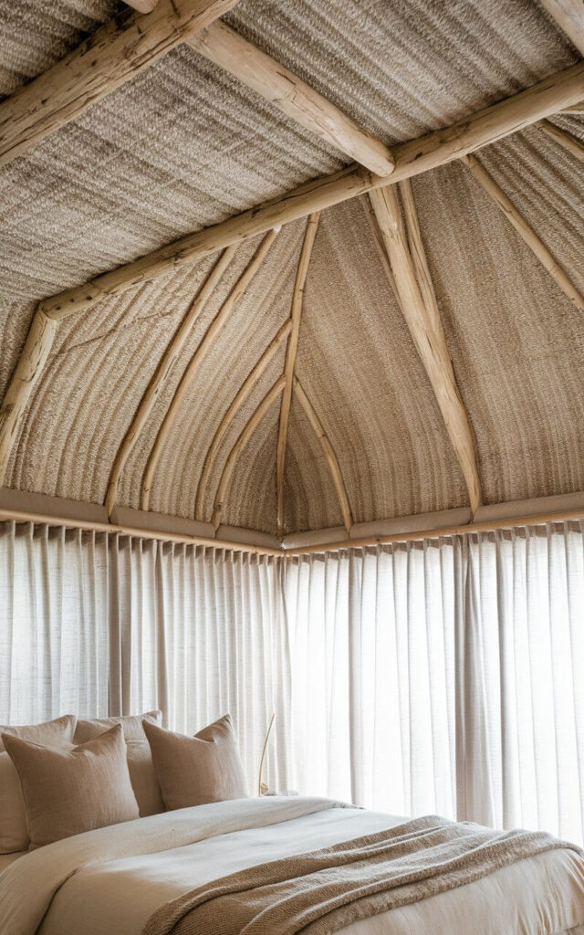 A photo of a bedroom with a beige and taupe grasscloth wallpaper on the ceiling. The wallpaper has a woven texture and is designed to mimic natural grass. Below the ceiling, there is a cozy bed with crisp white linens and a textured throw. The room has a serene, earthy ambiance. The natural light filtering through sheer curtains highlights the wallpaper's intricate weave, making the room feel effortlessly elegant and inviting.