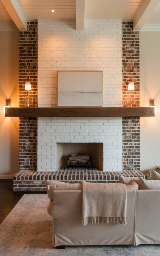 A photo of a living room with a two-tone brick fireplace as the centerpiece. The upper section of the fireplace is painted white and seamlessly blends into the ceiling. The lower half of the fireplace showcases exposed red brick for a rustic touch. A sleek wooden mantel stretches across the division and is adorned with an oversized framed painting. A cozy sofa upholstered in plush neutral fabric with a textured throw draped over the arm faces the fireplace. A soft area rug grounds the space. Warm lighting from wall sconces enhances the ambiance, creating a perfect balance of modern and traditional elements.