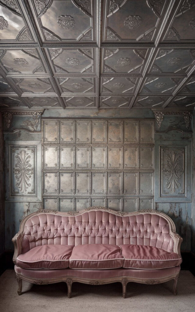 A photo of a cozy room with a vintage-style atmosphere. The ceiling has antique tin tile wallpaper with embossed details in soft silver and aged patina effects. The intricate patterns add depth and nostalgia. Below the ceiling, there is a very cozy sofa with vintage-style tufted upholstery in dusty rose. The sofa pairs beautifully with ornate decor elements. The room has a charming, old-world atmosphere.