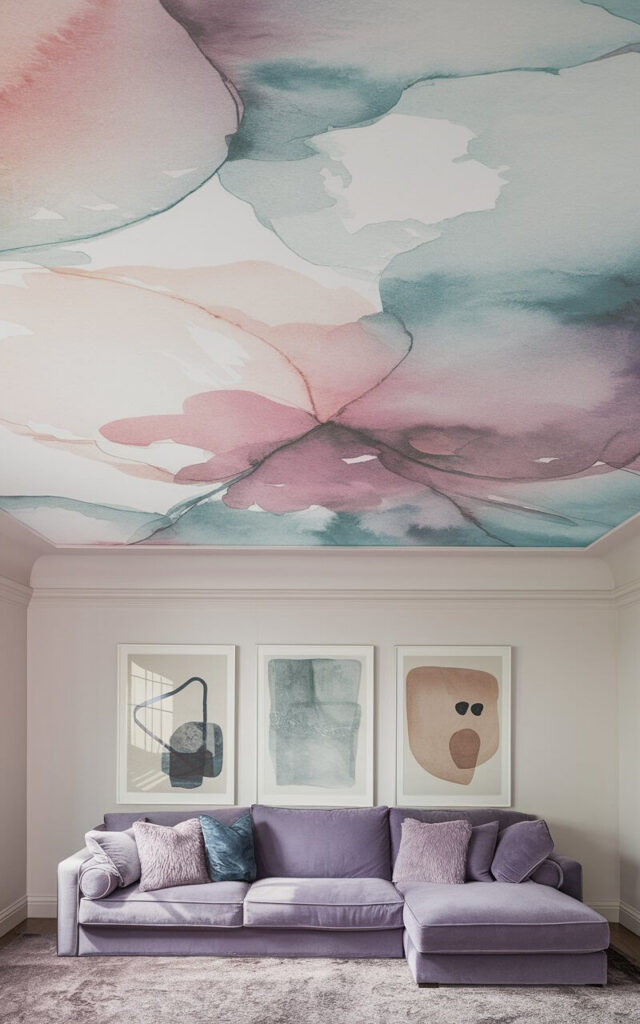 A close-up view of ceiling wallpaper with a mesmerizing watercolor effect. The wallpaper features soft blends of pastel blues, pinks, and purples flowing seamlessly into each other. Below the wallpaper, a cozy sofa in muted lavender sits on a plush area rug. The sofa is surrounded by abstract artwork and cozy accent pillows. The overall atmosphere is dreamy and artistic.