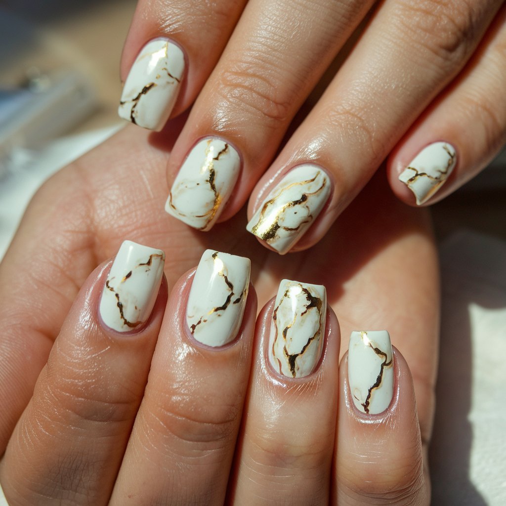 A close-up of a well-moisturized woman's hand with five fingers adorned with white and gold marble birthday nails. The nails have a creamy white base with delicate gold veins swirling across each nail, mimicking the elegance of natural marble. Some nails are accented with fine gold foil for an extra touch of luxury. The fingers are elegantly arranged, allowing the intricate marble patterns to be fully visible. Natural background lighting enhances the depth of the gold accents, creating a sophisticated effect. A glossy top coat completes the look, making these nails a refined choice for a stylish birthday celebration.