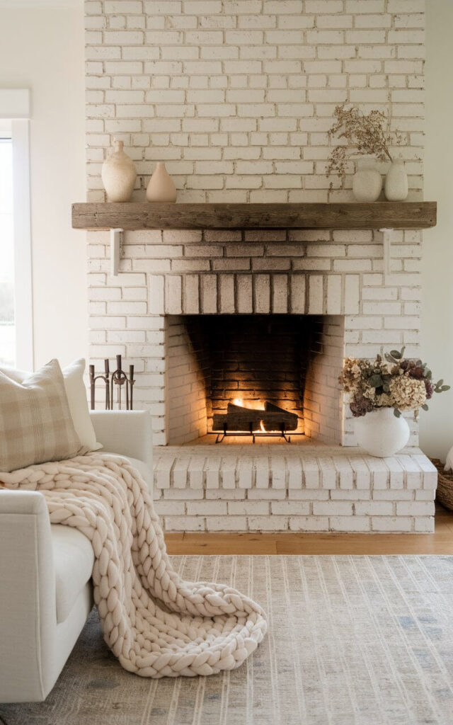 A bright and airy living room with a whitewashed brick fireplace as the focal point. A cozy sofa with a chunky knit throw in soft beige is placed near the fireplace. A rustic wooden mantel holds a mix of ceramic vases and dried flowers. The fireplace emits a soft, golden glow, making the room inviting. A neutral-toned area rug complements the weathered texture of the bricks, fitting the farmhouse-inspired aesthetic.