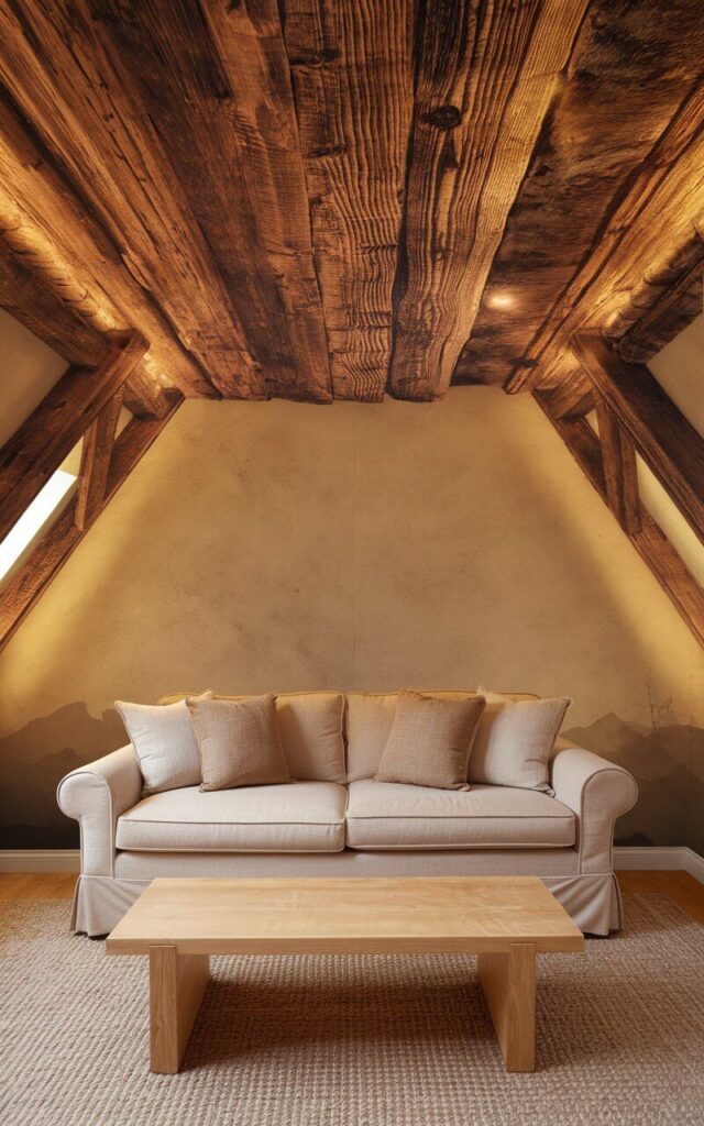 A photo of a cozy room with a ceiling wallpaper designed to mimic rustic wooden beams. The wallpaper features realistic wood grain textures in warm, earthy tones. Below the ceiling, a beige sofa sits atop a woven jute rug, and a plain wooden coffee table is placed nearby. The combination of natural textures and warm lighting creates a welcoming, cabin-like atmosphere in the space.