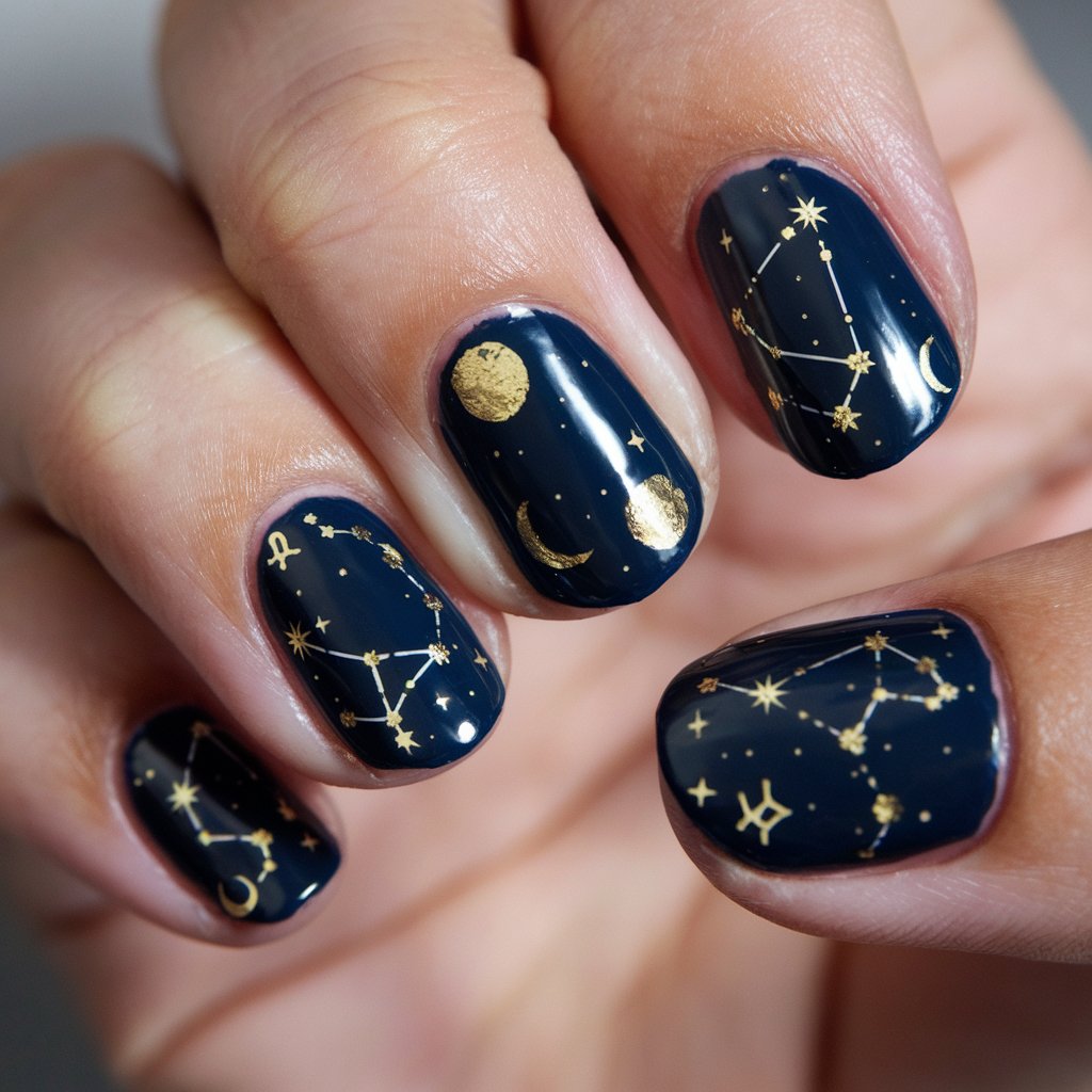 A photo of a close-up shot of a woman's hand with zodiac-inspired birthday nails. Each nail is painted with a deep navy or black base and features intricate gold constellations, tiny moon phases, and delicate celestial symbols. Some nails have subtle gold foil accents for added elegance. The nails are well-moisturized and have a glossy top coat. The background is natural and allows the shimmer of the gold details to stand out.