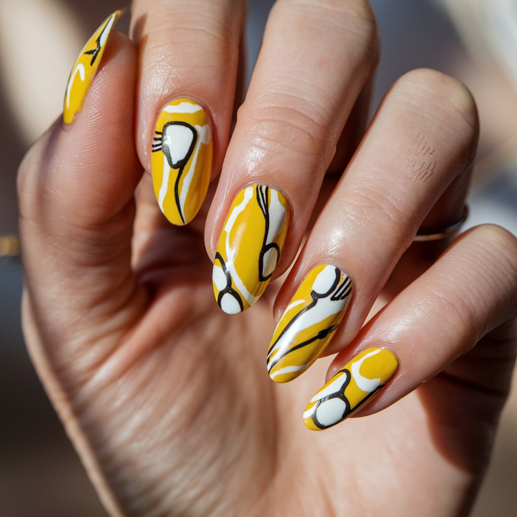 A close-up shot of a woman's hand with well-moisturized skin. The hand has five fingers, each with a bold, artistic yellow nail design. The nails feature abstract white and black accents in the form of swirling lines and geometric shapes. The nails are almond-shaped and have a glossy topcoat that reflects the natural background lighting, enhancing the depth of the intricate patterns. The cuticles are well-groomed, and the skin looks smooth and radiant. The blurred background contains soft neutral tones, ensuring the vibrant abstract nail art remains the focal point while subtly complementing its contemporary aesthetic.