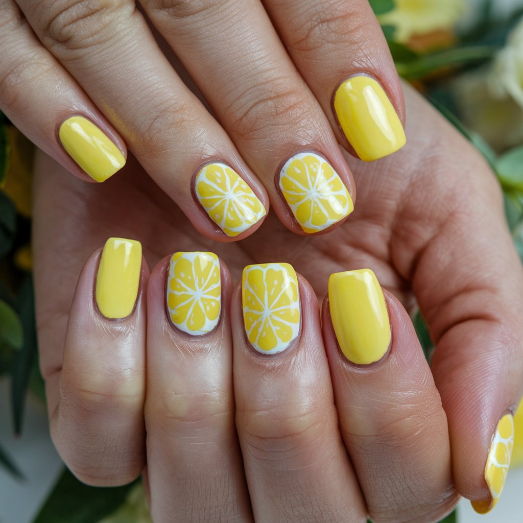 A close-up image of a woman's hand with five lemon-themed yellow nails. The nails have hand-painted lemon slices and a glossy topcoat. The hand has smooth skin and groomed cuticles. The background contains hints of greenery and soft yellows.