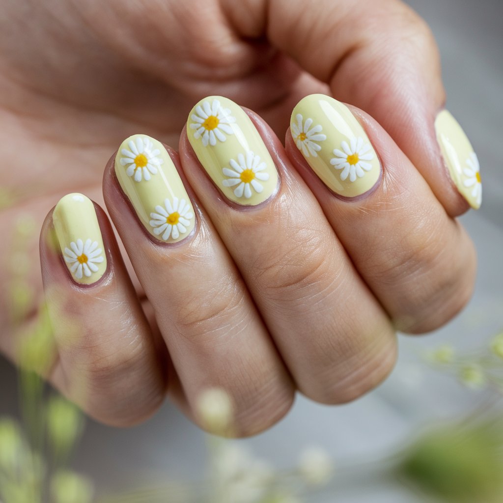 A close-up of a well-moisturized woman’s hand showcases five fingers painted in a cheerful pastel yellow, accented with delicate white daisy designs. The tiny, hand-painted flowers add a fresh and feminine touch to the soft yellow base. The glossy topcoat captures the natural background lighting, enhancing the gentle floral charm. The nails are rounded in shape, creating a soft and elegant aesthetic. The skin appears smooth, and the cuticles are perfectly groomed. The softly blurred background features subtle greenery and neutral hues, reinforcing the fresh, nature-inspired theme of the delicate daisy nail art.