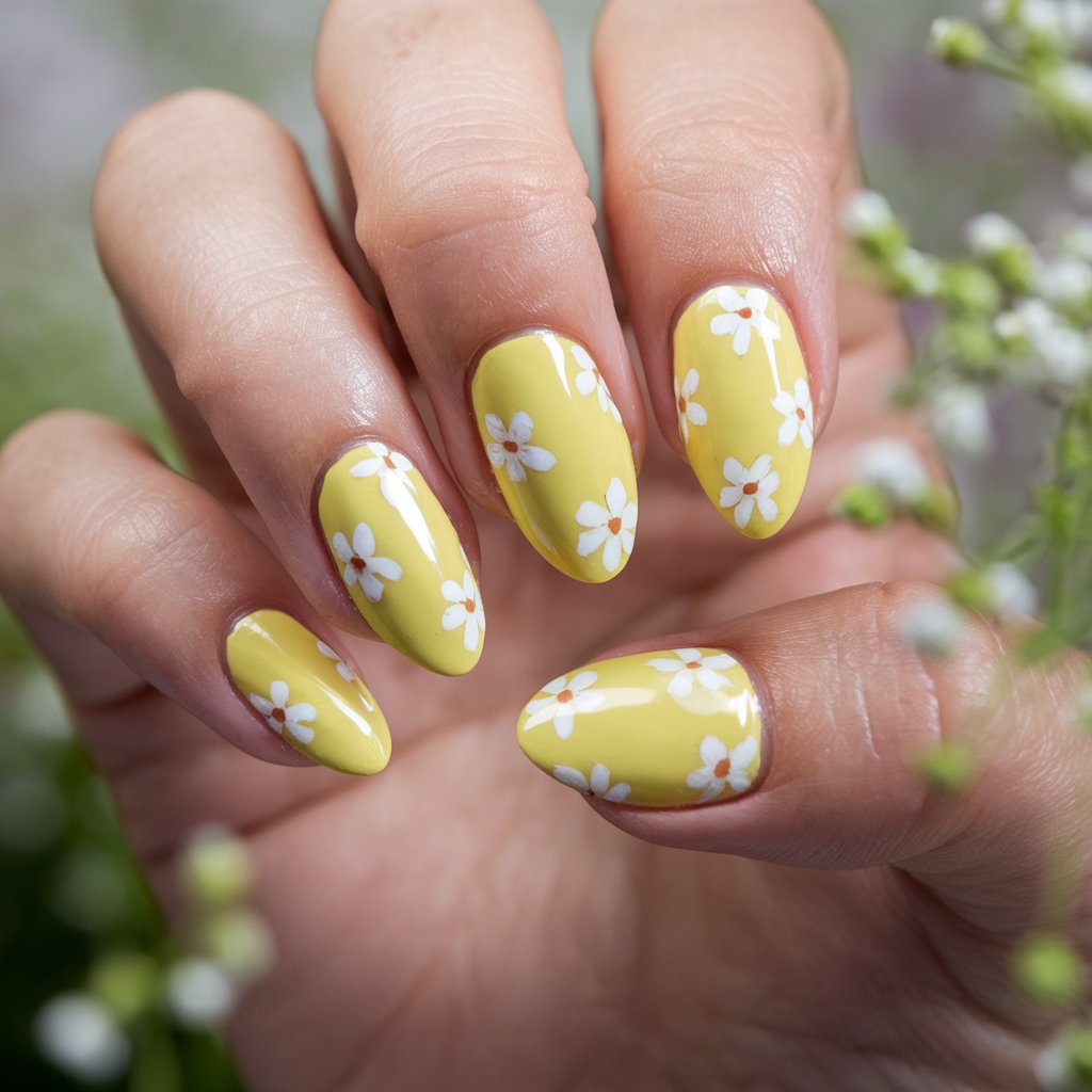 A photo of a woman's hand with five fingers painted in a cheerful yellow base. Each nail is adorned with delicate white floral accents. The nails are shaped into a graceful almond form. The glossy finish catches the natural background lighting, reflecting a healthy shine. The cuticles are pristine, and the hand is positioned gracefully. The background is softly blurred with hints of greenery, evoking a fresh, garden-inspired ambiance that complements the floral design.