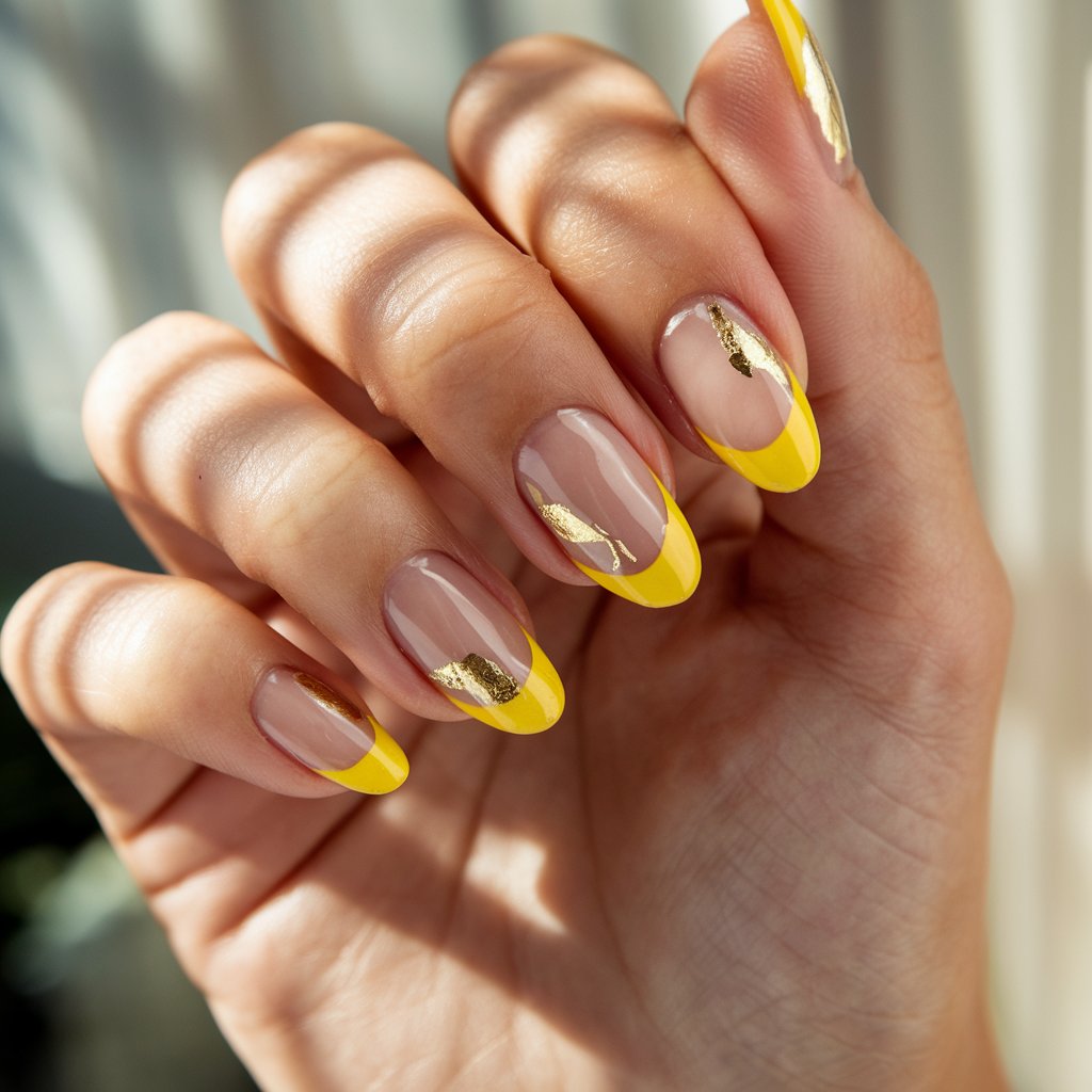 A close-up shot of a well-moisturized woman's single hand reveals five fingers adorned with elegant yellow French tips enhanced by delicate gold foil accents. The bright yellow tips contrast beautifully against the nude base, while the irregularly placed gold foil adds a luxurious, artistic touch. The nails are almond-shaped, with a glossy topcoat that reflects the soft, natural background lighting. The skin appears hydrated, and the cuticles are perfectly maintained. The softly blurred background features natural light background bathing through the nails.