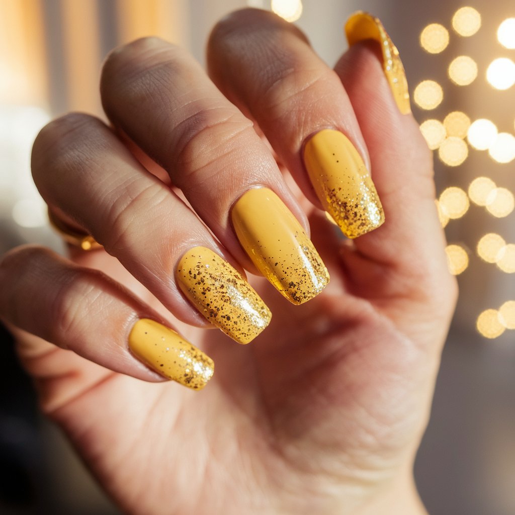 A photo of a woman's well-moisturized left hand with a luxurious yellow manicure accented by gold glitter details. The nails are coffin-shaped and elongated, with a glossy yellow base and fine gold flecks for depth and glamour. The glitter catches the natural background lighting, creating a dazzling shimmer. The cuticles are impeccably groomed, and the skin appears nourished. The softly blurred background features warm, bright natural light.