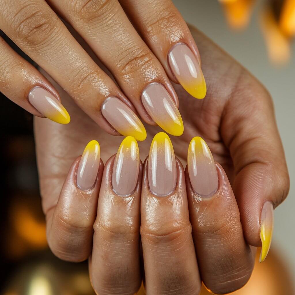 A close-up of a well-moisturized woman's hand reveals five fingers with an exquisite ombré manicure, transitioning from a sheer nude base to a rich golden honey yellow at the tips. The gradient effect is seamlessly blended, creating a soft, luxurious finish. The nails have a glossy topcoat, allowing them to catch the natural background lighting beautifully. The cuticles are perfectly maintained, and the nails are almond-shaped, adding an elegant touch. The blurred background consists of warm, golden hues that complement the rich yellow tones, enhancing the overall sophisticated aesthetic of the manicure.
