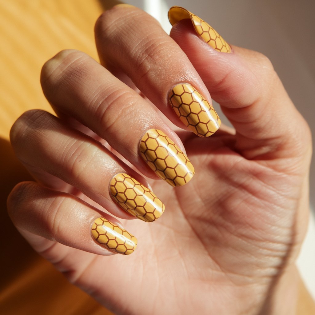 A photo of a woman's hand with a honeycomb nail design. The nails are a warm golden yellow with delicate hexagonal patterns in a slightly deeper hue. The glossy finish reflects the natural background lighting. The nails are long and almond-shaped, elongating the fingers for an elegant effect. The cuticles are perfectly maintained, and the skin appears luminous. The background consists of warm, bright natural light.