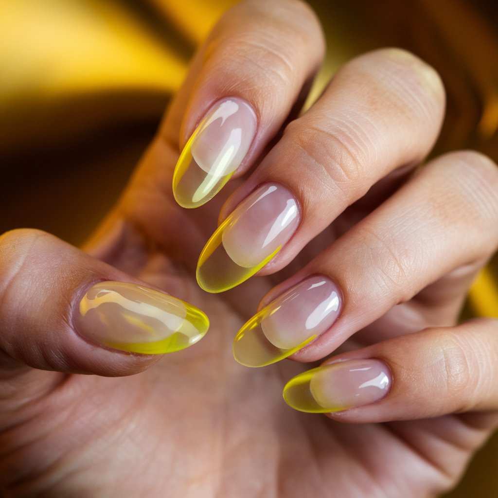 A photo of a close-up of a woman's left hand with translucent jelly yellow nails. The nails have a glossy finish and are almond-shaped. The nails give a playful, modern aesthetic. The background is warm and golden.