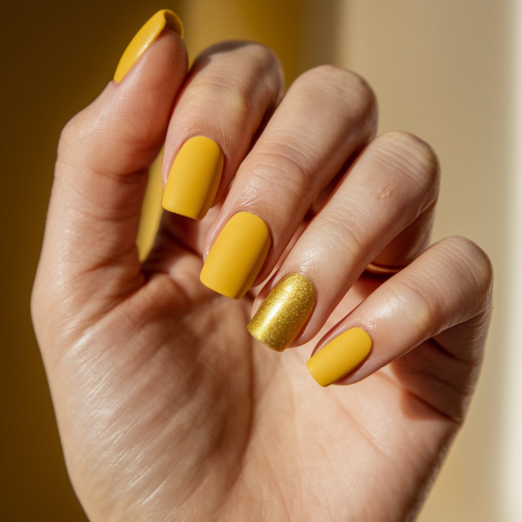 A close-up shot of a well-moisturized woman’s left hand with five fingers. The nails are a striking combination of matte and glossy yellow. Some nails are coated in a smooth, velvety matte yellow, while others have a high-gloss shine. The nails are square-shaped, keeping the look modern and structured. The background is natural and bright, with warm light. The cuticles are well-groomed, and the skin appears nourished.