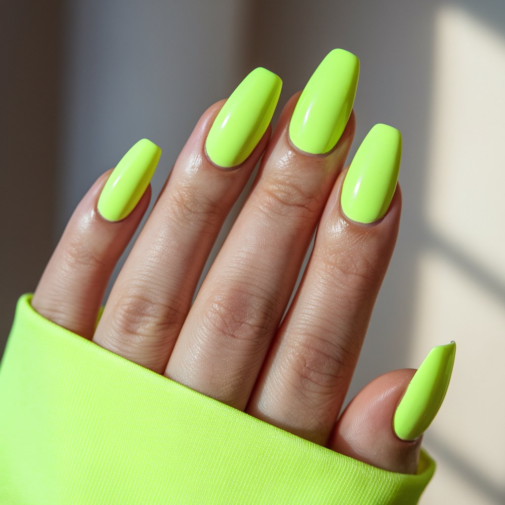 A close-up shot of a well-moisturized woman's hand with five fingers adorned with bold, neon yellow nails. The ultra-bright shade radiates energy, with a glossy finish that catches the natural background lighting, enhancing the vibrancy of the color. The nails are shaped into a sleek coffin style, elongating the fingers for a striking effect. The smooth, even polish application ensures a flawless look, while the cuticles are meticulously groomed. The background features a softly lit, neutral setting that subtly contrasts with the bold neon hue, making the nails the undeniable focal point of the image.