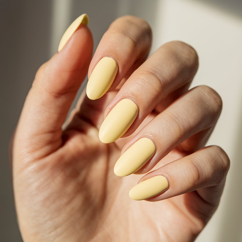 A close-up of a well-moisturized woman's hand with five fingers featuring pastel lemon yellow nails. The delicate, soft shade exudes elegance, with a creamy, smooth application that enhances the nails' natural beauty. The almond-shaped nails have a velvety matte finish, giving them a modern yet understated look. The natural background lighting casts a gentle glow on the nails, bringing out their subtle pastel warmth. The cuticles are neatly maintained, and the hand is posed gracefully, allowing the muted yellow hue to stand out against the softly blurred, neutral-toned backdrop.