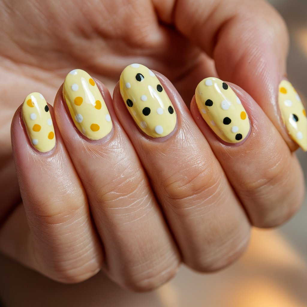 A close-up of a well-moisturized woman’s hand features five fingers with a playful yellow polka dot design. The pastel yellow base is adorned with evenly spaced white or black dots, creating a fun and retro-inspired look. The nails are short and oval-shaped, enhancing the cute and whimsical feel of the design. The glossy topcoat reflects the soft, natural background lighting, giving the nails a fresh and vibrant appearance. The cuticles are perfectly maintained, and the skin appears smooth. The softly blurred background contains warm neutral tones, allowing the polka dot pattern to stand out with charm.