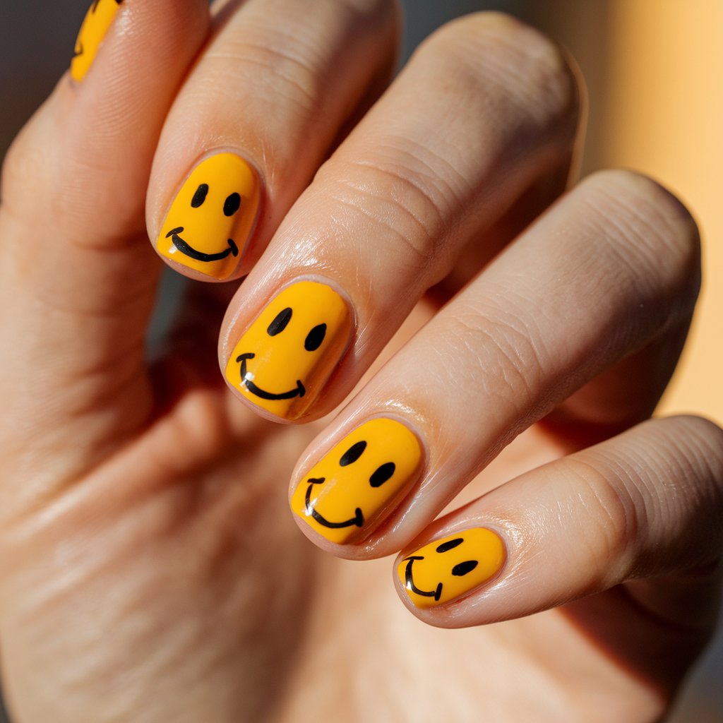 A close-up of a well-moisturized woman’s hand highlights five fingers coated in a vibrant yellow base, with playful black smiley face accents on select nails. The bold contrast between the bright yellow and the cheerful black design creates a fun, eye-catching manicure. The glossy finish reflects the natural background lighting, enhancing the lively aesthetic. The nails are rounded for a soft, youthful look. The cuticles are neatly maintained, and the skin appears smooth. The softly blurred background contains warm, neutral hues, allowing the whimsical smiley faces to stand out as the focal point.