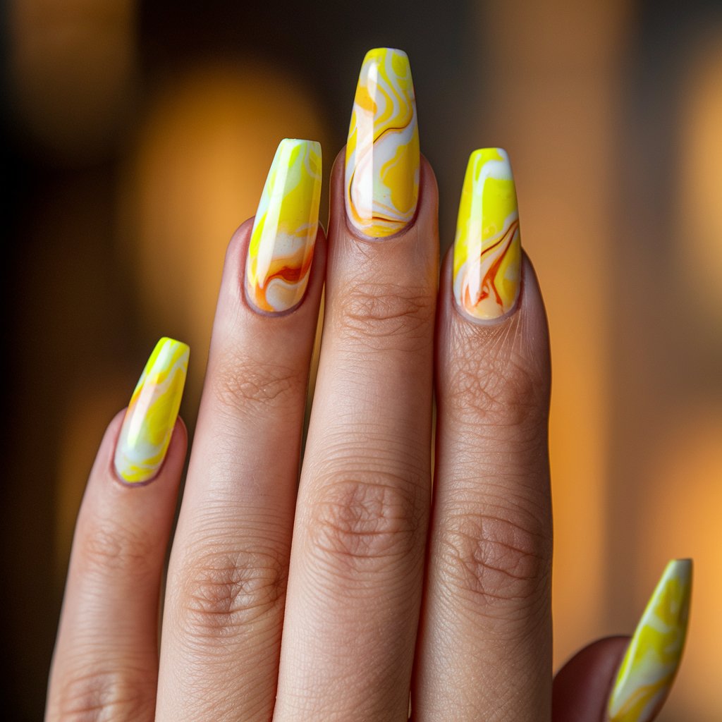 A close-up shot of a woman's hand with five fingers. Each finger has a vibrant tie-dye yellow nail design with swirls of different shades of yellow, white, and subtle hints of orange. The nails are coffin-shaped and elongate the fingers with a bold yet trendy appeal. The cuticles are expertly groomed, and the skin appears soft and smooth. The background is blurred and features warm, neutral tones.