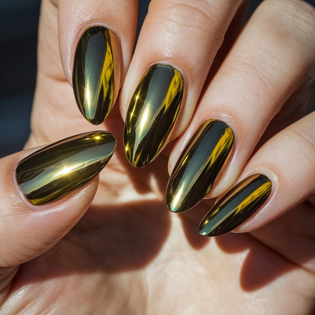 A close-up shot of a woman's hand with five chrome yellow nails. The nails are long and have a futuristic, metallic finish. They reflect the natural background lighting, creating a liquid-gold effect that shifts in different angles. The almond-shaped nails enhance the sleek, modern aesthetic, while the ultra-smooth application gives them a mirror-like shine. The cuticles are expertly maintained, and the skin appears luminous. The hand is bathed in natural light.