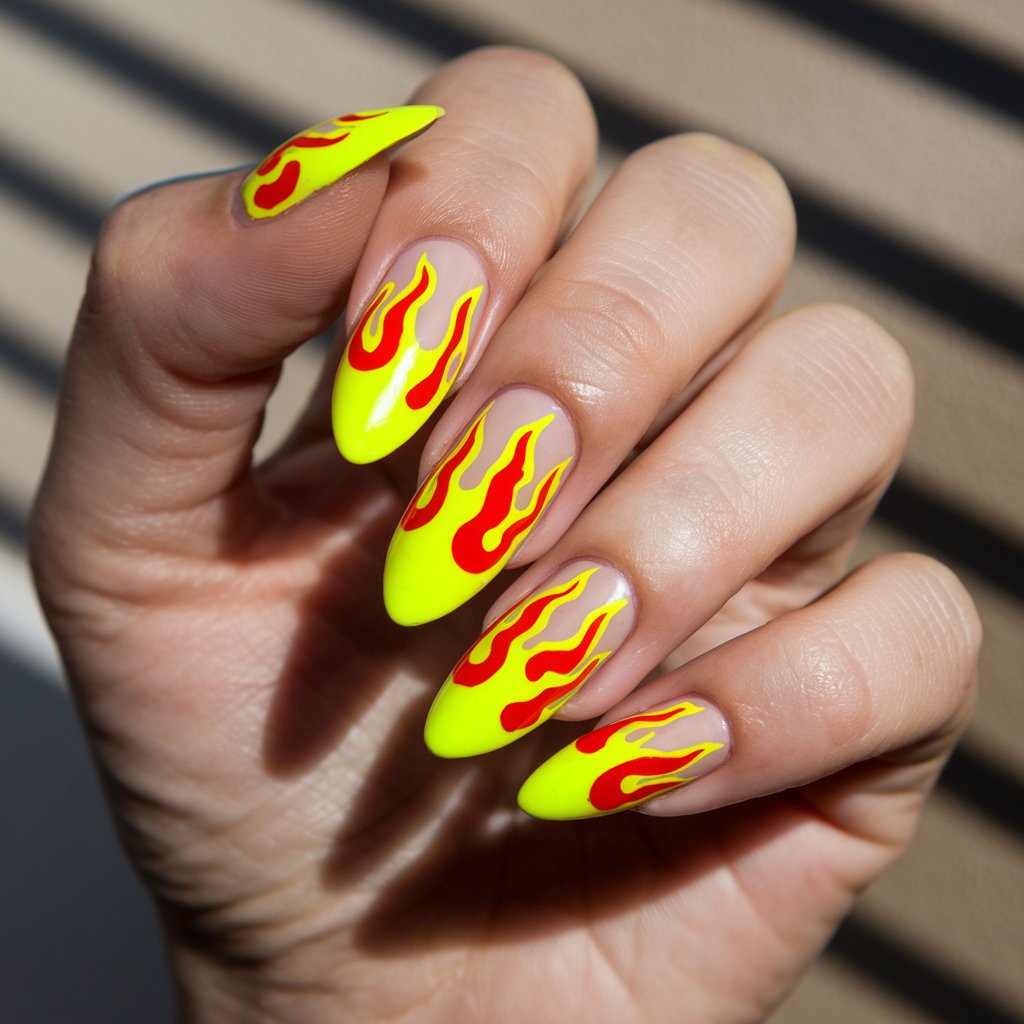 A photo of a woman's left hand with almond-shaped nails adorned with fiery yellow flame nail art. The bold neon yellow flames rise from a nude base, creating a fierce and edgy contrast. The glossy finish amplifies the vibrancy of the flames. The cuticles are pristine, and the skin appears healthy and smooth. The background features a blurred natural light.
