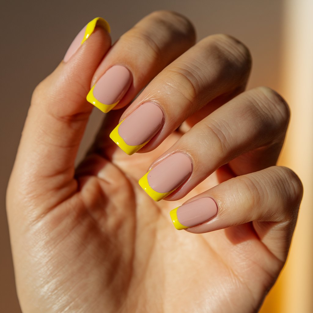 A close-up of a well-moisturized woman's hand highlights five fingers styled with a modern take on the classic French manicure, featuring vibrant yellow tips. The contrast between the nude pink base and the crisp yellow edges creates a fresh, stylish look. The nails are squared with slightly rounded edges, maintaining a timeless yet trendy shape. The glossy finish reflects the natural background lighting, adding a luminous effect. The hand is posed elegantly, with fingers slightly curled to showcase the striking design. The soft-focus background has warm, neutral tones that subtly enhance the bright yellow tips.