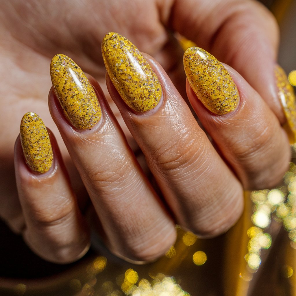 A close-up shot of a well-moisturized woman's hand with five fingers. Each finger has a long, almond-shaped nail that is coated in a fine gold-yellow sparkle. The nails shimmer with sun-kissed yellow glitter. The cuticles are expertly groomed, and the skin appears radiant. The background is blurred and consists of warm, golden hues. The glitter on the nails reflects light at different angles, adding movement and depth, making them appear almost illuminated.