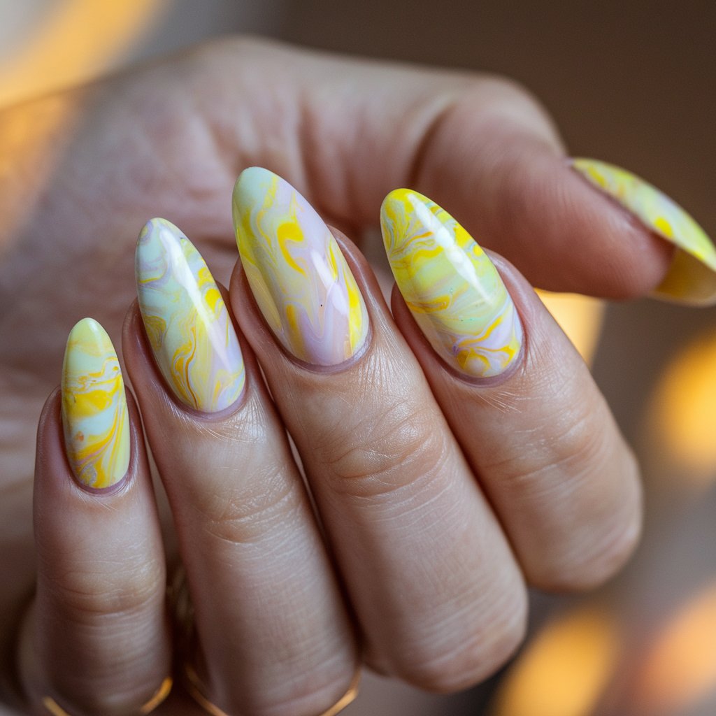 A close-up shot of a well-moisturized woman's hand with five fingers showcasing a mesmerizing yellow marble nail design. The intricate swirls of pastel and bold yellow blend seamlessly with hints of white, creating a luxurious, fluid effect. The glossy topcoat enhances the depth of the marbling, reflecting the soft, natural background lighting. The nails are almond-shaped, elongating the fingers elegantly. The cuticles are pristine, and the skin appears radiant. The softly blurred background features warm, neutral hues, complementing the intricate marble design while keeping the focus on the artistry of the nails.