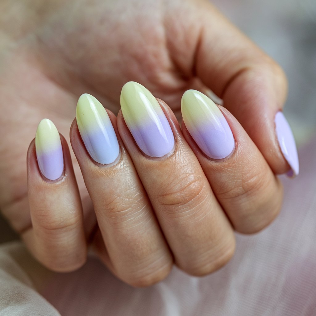A close-up shot of a woman's hand with five nails painted with a delicate ombre gradient of pastel yellow and soft lavender. The nails have a glossy finish and are shaped into a soft almond. The skin on the hand is hydrated, and the cuticles are well-maintained. The background is softly blurred and consists of neutral and pastel hues.