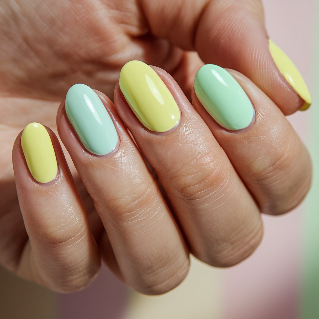 A close-up shot of a well-moisturized woman's hand with five fingers. Each nail is painted with a refreshing combination of yellow and mint green. The pastel hues blend harmoniously, creating a soft, summery manicure. The nails are oval-shaped, enhancing the delicate, fresh aesthetic. The glossy finish captures the natural background lighting, making the colors appear vibrant and luminous. The cuticles are perfectly maintained, and the skin appears radiant. The softly blurred background features neutral pastel tones, ensuring the cheerful yellow and mint green duo remains the focal point while exuding a breezy, modern vibe.